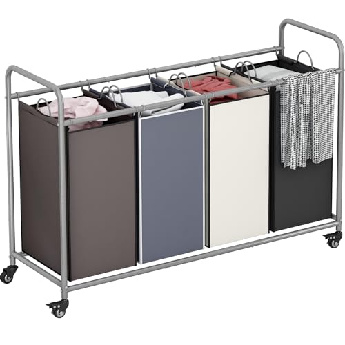 LINZINAR 4 Bags Laundry Hamper, Assorted Laundry Basket 180L Laundry Sorter | Laundry Room Organization with Heavy Duty Rolling Lockable Wheels and Removable Bag, Bedroom Laundry Cart for Clothes Storage - size: 4 Bags Assorted