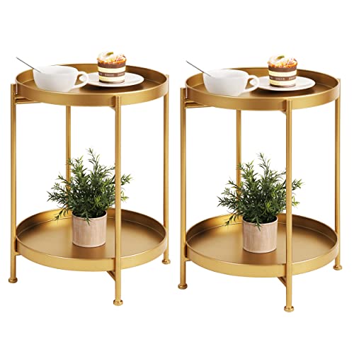 Tiita 2 Pack Round End Table Mental Side Table Nightstand/Small Wood Tables Accent Coffee Table with Wooden Tray for Living Room Bedroom Office Small Space - color: Gold