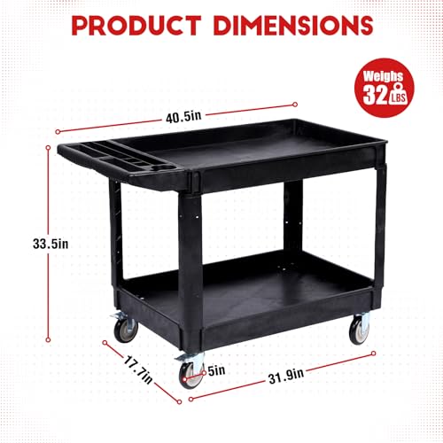 Heavy Duty Rolling Utility Cart, 2 Tier Service Cart with Wheels, Ergonomic Storage Handle, 550 LBS Capacity, Plastic Tool Cart Detailing Cart for Warehouse, Garage, Workshop,Kitchen, 40.5x17.7 in