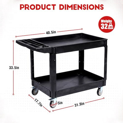 Heavy Duty Rolling Utility Cart, 2 Tier Service Cart with Wheels, Ergonomic Storage Handle, 550 LBS Capacity, Plastic Tool Cart Detailing Cart for Warehouse, Garage, Workshop,Kitchen, 40.5x17.7 in