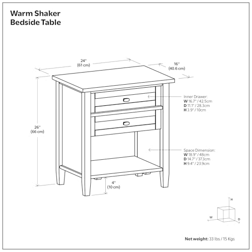 SIMPLIHOME Warm Shaker Nightstand - 24 inch Wide Solid Wood Bedside Table in Rustic Natural Aged Brown, Transitional Side Table or End Table with 2 Drawers, Open Shelf, Bronze Knobs and Tapered Legs - color: Rustic Natural Aged Brown