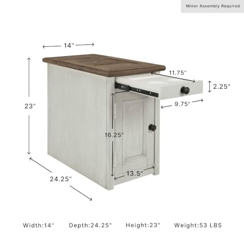 Signature Design by Ashley Bolanburg Farmhouse Chair Side End Table, 2 USB Ports, Pull-out Tray, Wood, 14" W x 24.25" D x 23" H, Antique Cream & Brown - color: Whitewash
