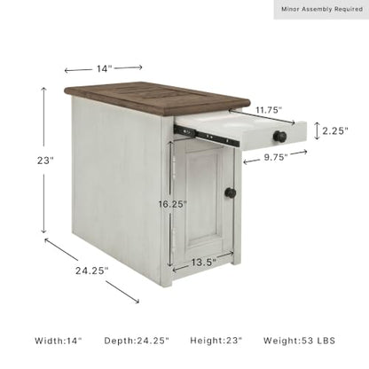 Signature Design by Ashley Bolanburg Farmhouse Chair Side End Table, 2 USB Ports, Pull-out Tray, Wood, 14" W x 24.25" D x 23" H, Antique Cream & Brown - color: Whitewash