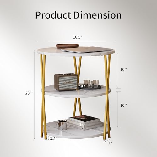 23 Inch Round Side Table 3-Tier End Table Living Room Small Patio Table Nightstands Round Coffee Table Spacious Top for Couch Bedroom 3 Storage Shelves Accent Coffee Table, Marble White - color: Marble White