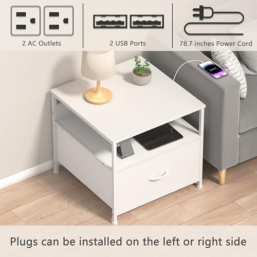 Unionly Mini Fridge Stand with drawer Storage,shelf & Power Outlet | 180lb Mini Fridge Table with Charging Station,Heavy duty small refrigerator shelf,end table for Living Room,Home Kitchen - color: White