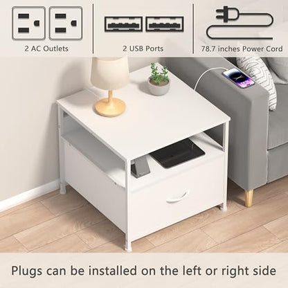 Unionly Mini Fridge Stand with drawer Storage,shelf & Power Outlet | 180lb Mini Fridge Table with Charging Station,Heavy duty small refrigerator shelf,end table for Living Room,Home Kitchen - color: White