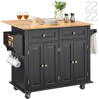 VEVOR Kitchen Island Cart, 35" Wood Top Mobile Carts with Storage Cabinet, Rolling Table with Drop Leaf, Spice Rack, Towel Bar, Adjustable Shelf, Drawer, and Hooks, Portable Islands on Wheels, Black - size: 35.4" W Drop Leaf, style: 2 Drawers & 4 Doors
