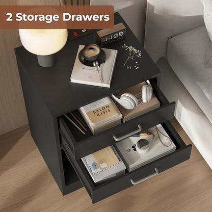 ADORNEVE Black Nightstand Set of 2,Bedside Table with Drawers | Nightstand with Charging Station,Night Stands for Bedrooms Set of 2,Bed Side Tables Bedroom Set of 2 - color: Black