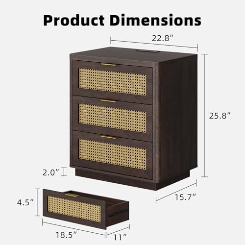 Kalrin Rattan Nightstand, Bedside Table - Larger Night Stand with Charging Station, 3 Drawers Storage, Boho Night Stands End Table for Bedroom Office - Deep Brown - color: Deep Brown