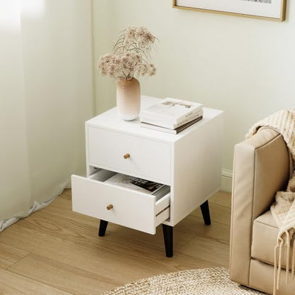 GOFLAME Nightstand with 2 Drawers, Mid-Century Modern Bedside Table with Storage, Elevated Legs & Golden Knobs, Wooden, Small Sofa Side End Table, Compact Night Stand for Bedroom, White (1)