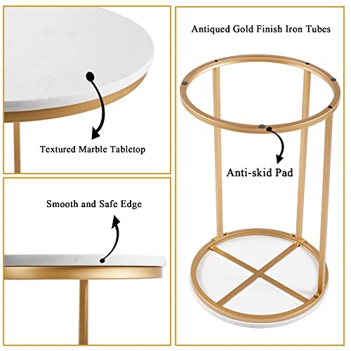 RiteSune Round C Shaped End Snack Side Table Slide Under Couch with Marble Top for Sofa Coffee Laptop Living Room Bedroom Small Space, 16" D x 24" H - color: Gold