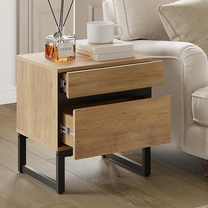 WAMPAT Modern End Table with 2 Drawers, Farmhouse Sofa Table with Black Square Iron Leg, Wood Rustic Side Table for Living Room, Nightstand for Bedroom, Oak, 17.7''L x 15.5''W x 19.8''H - color: Oak