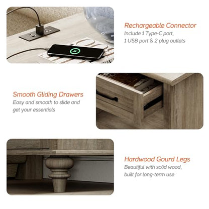 WAMPAT Side Table Nightstand with Charging Station, Farmhouse End Table with Drawer & Shelf for Living Room, Retro Night Stand Light Wood Bedside Table for Bedroom, Grey - color: Grey