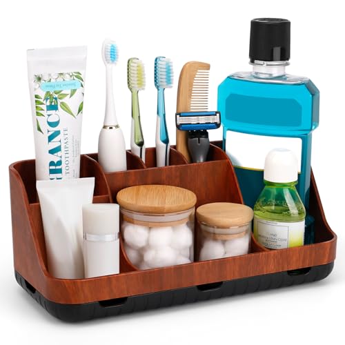 GFWARE Bathroom Decor and Accessories - Detachable 7 Slots Kids Electric Toothbrush and Toothpaste Holde for Bathroom Tray Countertop Vanity Storage, Bathroom Sink Storage Organizer, Red Wood - color: Red Wood