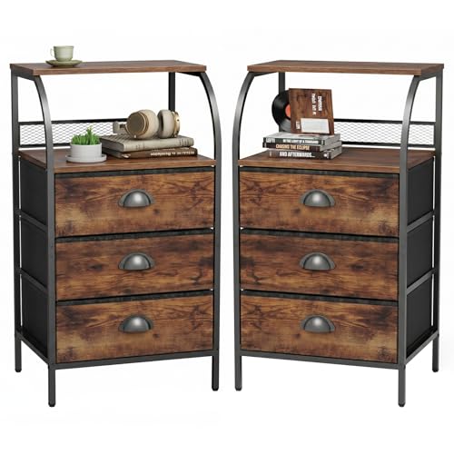Night Stand Set 2, Tall Nightstand with 3 Fabric Drawers, Bedside Table with 2-Tier Wood Shelf, End Table for Bedroom, Steel Frame, Wood Top, Rustic Brown - color: Brown(3drawer), size: Set of 2