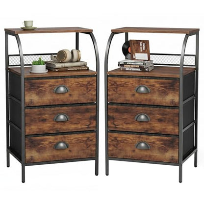 Night Stand Set 2, Tall Nightstand with 3 Fabric Drawers, Bedside Table with 2-Tier Wood Shelf, End Table for Bedroom, Steel Frame, Wood Top, Rustic Brown - color: Brown(3 Locker), size: set of 2