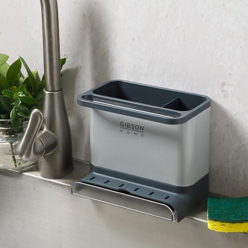Gibson Home Ledgebrook Sink Caddy with Metal Panel, Metal Sponge Holder for Kitchen Sink, Countertop Organizer and Storage Essentials with Drain Board - size: Sink Caddy w/ Rack