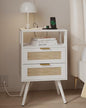 JOONEE Rattan Nightstand with Charging Station,Farmhouse Bedside Table with 2 Storage Drawer and Open Wood Shelf, for Bedroom and Small Spaces,Night Stand with Solid Wood Legs (White-Outlet) - color: White-outlet