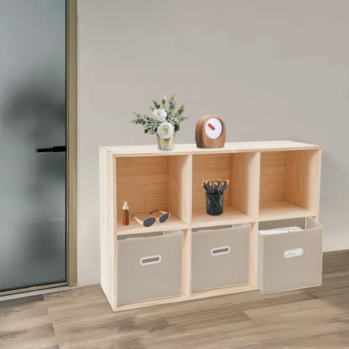 6-Cube Solid Wood Bookshelf, 2-Tier Storage Organizer Semi-Open Floor Display Shelf Closet Cabinet with 3 Baskets for Home Office Library School, 12" D x 35" W x 24" H - size: 6-Cube, with Baskets