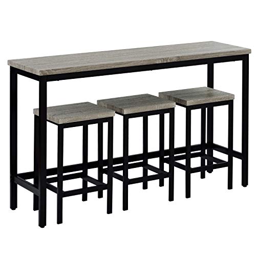 4-Piece Counter Height Extra Long Dining Table Set, Bar Table Set with 3 Stools, Side Table with Footrest Pub Kitchen Set (Gray) - color: Grey