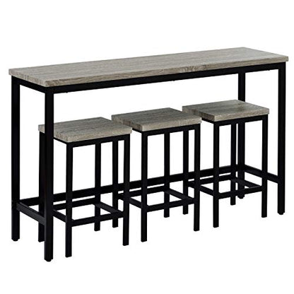 4-Piece Counter Height Extra Long Dining Table Set, Bar Table Set with 3 Stools, Side Table with Footrest Pub Kitchen Set (Gray) - color: Grey