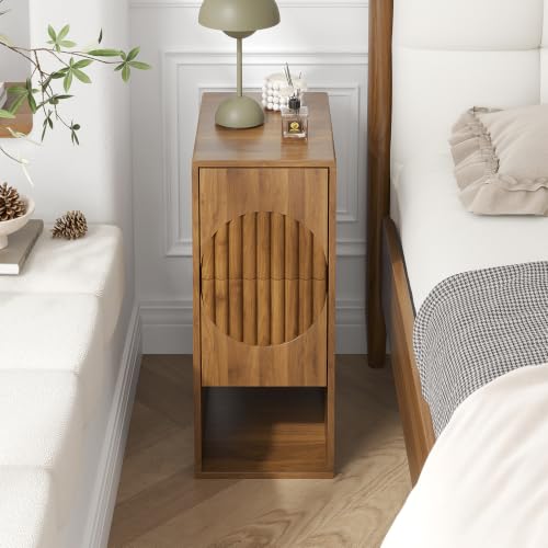 9.8" Narrow Nightstand with 2 Drawers, Slim End Table, Small Bedside Table | Fluted side table, push to open design, for small area, sapce saving, walnut, for living room, for bedroom