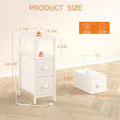 sthmec Narrow End Table with Charging Station, Narrow Side Table with 2 Fabric Drawers, LED End Table, Slim Nightstand with LED Light, Small Side Table for Small Spaces, Living Room, Bedroom, White - color: White, size: 7.87'' W x 15.75'' D x 24.37'' H, s
