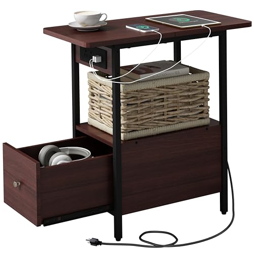 LIDYUK End Table with Charging Station, Narrow Side Table with Drawer and USB Ports & Power Outlets, Nightstand Bedside Tables for Small Spaces, Bedroom, Living Room, Dark Cherry - color: Dark Cherry, size: Pack of 1