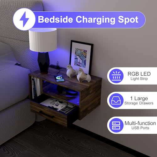 Homaterial Floating Nightstand with Charging Station and LED Lights, Floating Bedside Table with Drawers Wall Mounted Nightstands,for Bedroom Room, 21.3" x 11.8" x 10",Rustic Brown - color: Rustic Brown