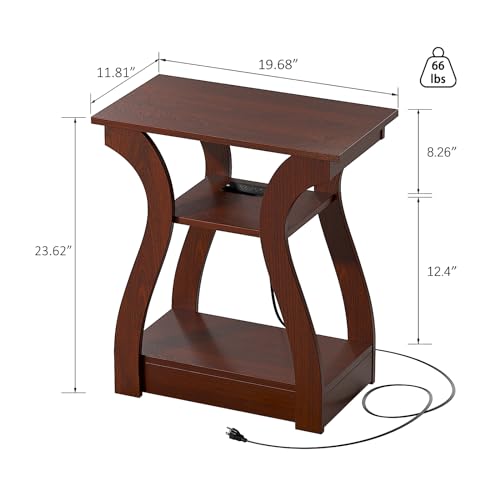 FROMJBEST End Tables Living Room, Cherry End Table with Charging Station | Side Table Living Room, with USB Ports and Outlets, Nightstand for Bedroom, 3-Tier Storage Shelf, Bedside Table - color: Cherry