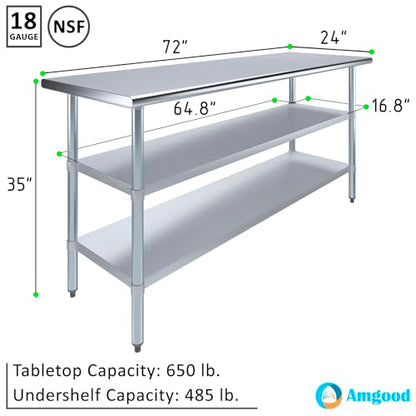 Stainless Steel Work Table with 2 Shelves | Metal Utility Table | Commercial & Residential NSF Utility (Stainless Steel Table with 2 Shelves, 72" Long x 24" Deep) - size: 72" Long x 24" Deep