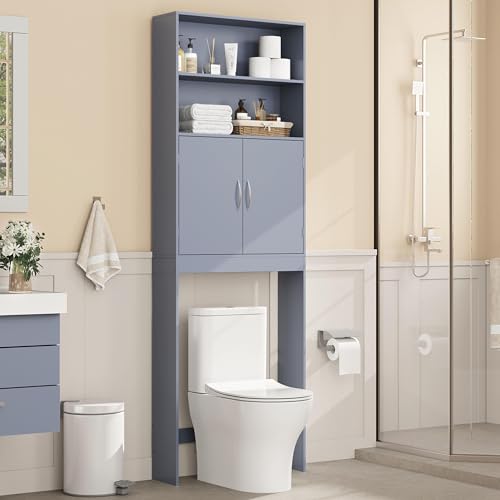 Yaheetech 77'' H Over the Toilet Storage Cabinet, Bathroom Organizer, Gray | Freestanding Cabinet with Adjustable Shelf for Small Space, Slim 8'' Depth, 2 Doors Hide Clutter, Anti-Tip Kit Included