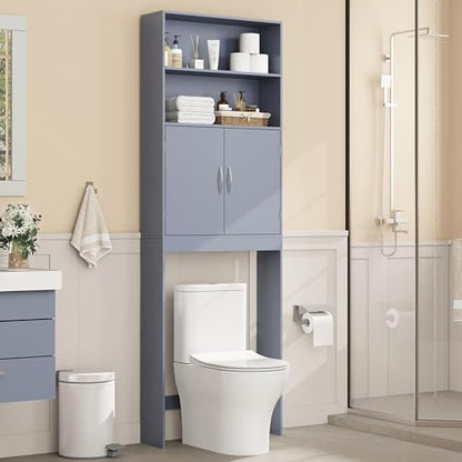 Yaheetech 77'' H Over the Toilet Storage Cabinet, Bathroom Organizer, Gray | Freestanding Cabinet with Adjustable Shelf for Small Space, Slim 8'' Depth, 2 Doors Hide Clutter, Anti-Tip Kit Included
