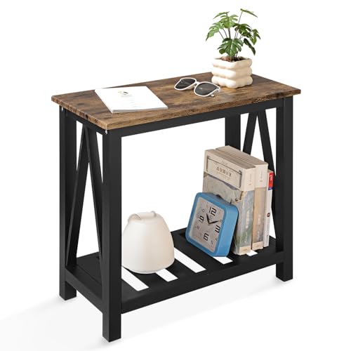 Narrow Side Table Rectangular End Tables with Storage Shelf Small Industrial Nightstands Bedside Table for Small Spaces Living Room Bedroom Bathroom Brown Smooth Tabletop and Black Legs - color: Brown&black