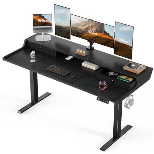 ErGear Electric Standing Desk with Drawers, 63″ x 28″ Gaming Table Compatible Monitor Stand, Stand up Desks, Home Office Height-Adjustable Desk with Storage Shelf, 4 Preset Heights, Black - color: Black, size: 63" X 28"