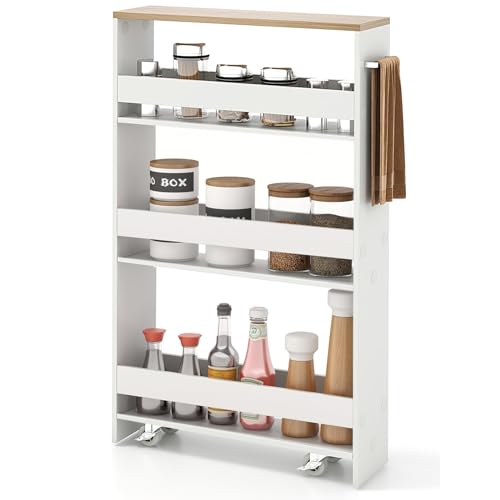 Slim Rolling Storage Cart, 4-Tier Kitchen Utility Carts on Wheels, Wood Shelving Unit Organizer Trolley with Handle, 5” Width Narrow Cart for Small Spaces, Laundry, Bathroom (White & Natural)