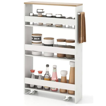 Slim Rolling Storage Cart, 4-Tier Kitchen Utility Carts on Wheels, Wood Shelving Unit Organizer Trolley with Handle, 5” Width Narrow Cart for Small Spaces, Laundry, Bathroom (White & Natural)