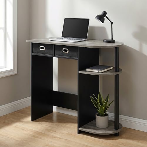 Furinno Go Green 32-Inch Brown Computer Desk, Office Desk with 2 Side Shelves and Storage Bins, Rectangular Home Office Desk, Gaming Desk for Home Office, Bedroom, Study Room, Grey Oak - color: Grey Oak/Black/Black, size: 32-in Wide with 2 Drawers