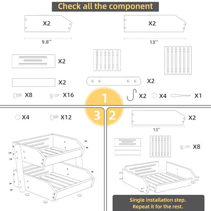 Hellojin Gray Bamboo 2 Tier Fruit Basket with Banana Hangers | Wooden Tiered Organizer, Protective Mats, Large Capacity, Versatile Holder for Bread, Snacks, Veggies, Onion and Potato - color: Grey-2 tier