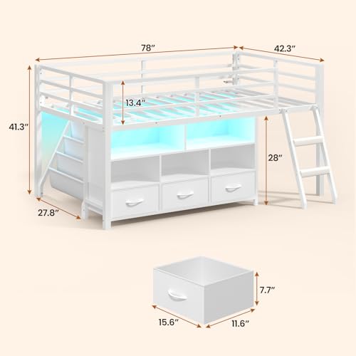 BTHFST Low Loft Bed Twin Size with 3 Storage Drawers, 3-Tier Kids Bookshelf, 5 Open Cubbies and 2 LED Lights Strips, Metal Kids Loft Bed with High Safety Guardrail, Inclined Ladder and Play Area - color: White