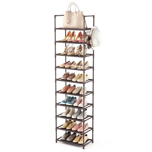 LANTEFUL 10 Tiers Tall Shoe Rack 20-25 Pairs Boots Organizer Storage Sturdy Narrow Shoe Shelf for Entryway, Closets with Hooks, Brown - color: Brown, size: 10 Tier-68" High-17" Wide