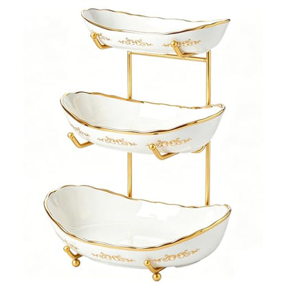DUJUST 3 Tier Fruit Bowl, Elegant Ceramic Fruit Stand with Gold Scrollwork, Stackable & Easy to Store, Multifunctional Serving Tray for Fruit/Vegetables/Snacks - White Gold - color: 3-Tier White Gold