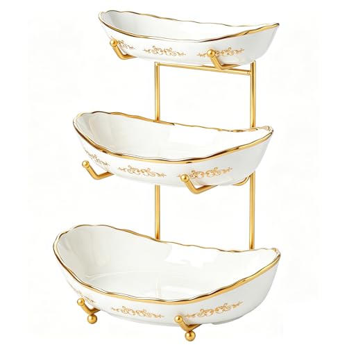 DUJUST 3 Tier Fruit Bowl, Elegant Ceramic Fruit Stand with Gold Scrollwork, Stackable & Easy to Store, Multifunctional Serving Tray for Fruit/Vegetables/Snacks - White Gold - color: 3-Tier White Gold