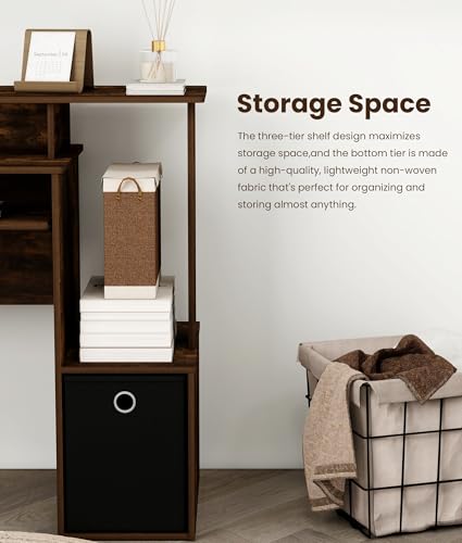 Small Computer Desk with Drawers, Wood Writing Desk with Storage Shelves for Home Office Bedroom Living Room, Walnut/Black - color: Amber Pine/Black