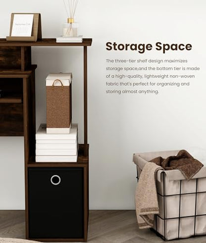 Small Computer Desk with Drawers, Wood Writing Desk with Storage Shelves for Home Office Bedroom Living Room, Walnut/Black - color: Amber Pine/Black