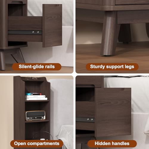 Tall Narrow Nightstand with Bookshelf, 47" Side Table with Charging Station | Tall Free Standing Wooden Night stand with 2 Drawers and 4 Open-Shelves, Modern End Bedside Table for Bedroom, Brown - color: Brown, size: Tall (2 drawer)