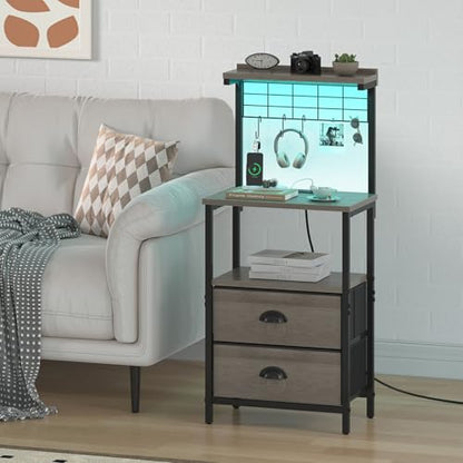 sthmec Tall Nightstands with Charging Station, LED Night Stand Bedsides with 2 Drawers Fabric, Hooks,USB Port and Open Storage Shelves,Tall End Table Bedside for Bedroom,Office, Grey - color: Grey, style: 2 Drawers