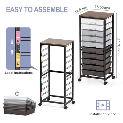 SYKIARIOL Rolling Cart with Drawers,10 Drawer Rolling Cart,Storage Cart,Utility Cart,Teacher Cart for Classroom Storage,Craft Cart with Wheels and Wooden Tabletop,Grey - color: Grey