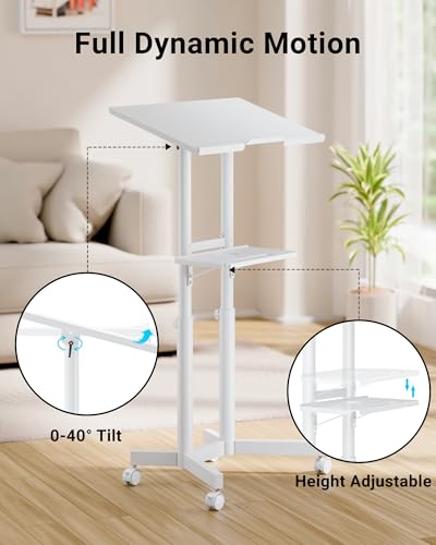 BONTEC Lecterns & Podiums Portable Mobile Standing Laptop Desk, Height Adjustable, Sit Stand, Home Office Classroom Pulpit Stand Up Desk Workstation, Rolling Table Laptop Cart with Storage Tray, White - color: White