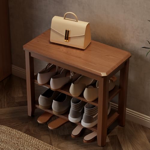 AQIMUELE Wood Shoe Rack Bench for Entryway, 2 Tier Shoe Rack for Front Door Entrance, Shoe Bench with Shoe Storage for Entryway, Bedroom, 23.6" - color: Walnut-wood Seat, size: 23.6"W x 20.4"H x 11.8"D